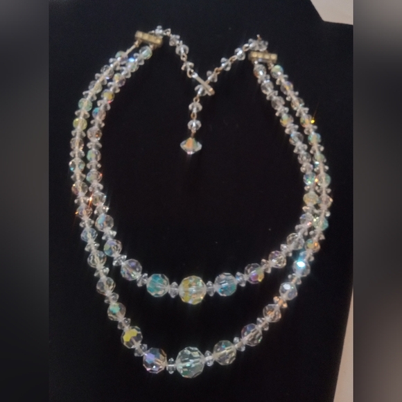 Vintage Jewelry - VTG Cut Crystal Double Strand Choker Necklace 13" Length with 3.25" Extender